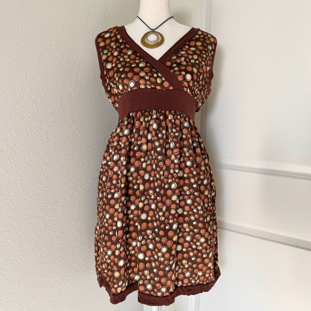Brown Polk a Dot Silky Midi V-Neck Sleeveless Dress Y2K 00s Boho Fairy Core M/L